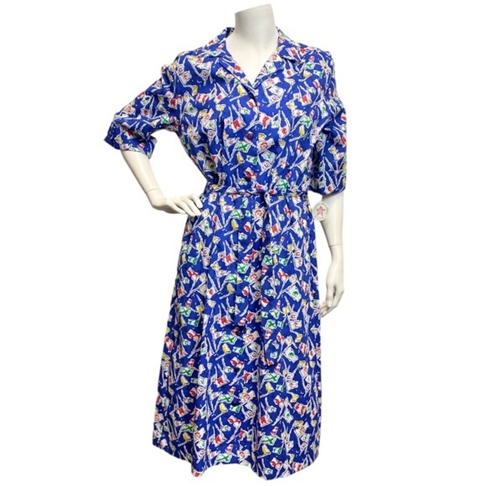 70s Vintage Carolina Maid Sz 12 Novelty Flags Print Belted MIDI Dress Country